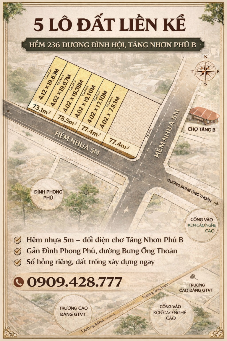Bán 5 Lô Đất Hẻm 236 Dương Đình Hội – Gần Chợ Tăng Nhơn Phú B, Thủ Đức | 75–83m²